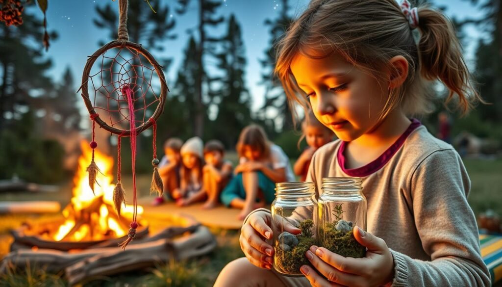 Vibrant nature-inspired camping crafts for adventurous kids. In the foreground, a young girl diligently weaves a dream catcher using natural materials - twigs, leaves, and colorful threads. Behind her, a middle-ground scene showcases a group of children crafting mini terrariums, carefully placing moss, rocks, and tiny plant life inside glass jars. In the background, a serene outdoor setting with towering pine trees, a crackling campfire, and a clear night sky with twinkling stars. Warm, inviting lighting casts a cozy glow over the entire scene, capturing the spirit of nature-inspired DIY. Realistic, detailed, and whimsical. Vibrant nature-inspired camping crafts for adventurous kids. In the foreground, a young girl diligently weaves a dream catcher using natural materials - twigs, leaves, and colorful threads. Behind her, a middle-ground scene showcases a group of children crafting mini terrariums, carefully placing moss, rocks, and tiny plant life inside glass jars. In the background, a serene outdoor setting with towering pine trees, a crackling campfire, and a clear night sky with twinkling stars. Warm, inviting lighting casts a cozy glow over the entire scene, capturing the spirit of nature-inspired DIY. Realistic, detailed, and whimsical.