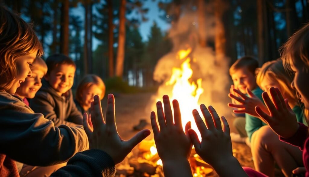 a cozy outdoor scene with a group of children sitting around a crackling campfire, their hands pressed into a clay or plaster base, creating a handprint keepsake craft. The children's expressions are joyful and engaged, their faces lit by the warm glow of the fire. The background features a serene forest setting, with towering trees and a starry night sky. The composition emphasizes the hands and captures the sense of preserving a fleeting moment in time. Warm, soft lighting illuminates the scene, creating a comforting and nostalgic atmosphere. The overall image conveys the fun and creativity of a camping-themed handprint craft for young children.