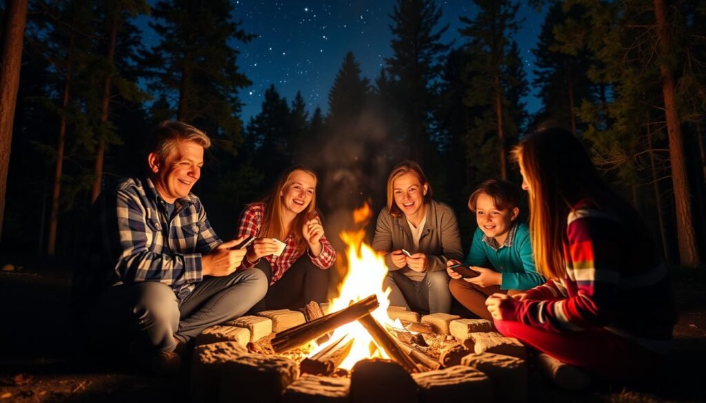 a family gathered around a campfire, playing classic camping games like charades, cards, and board games, with a backdrop of a serene pine forest and a starry night sky, the warm glow of the fire illuminating their faces, capturing the sense of togetherness and joy of sharing quality time in the great outdoors a family gathered around a campfire, playing classic camping games like charades, cards, and board games, with a backdrop of a serene pine forest and a starry night sky, the warm glow of the fire illuminating their faces, capturing the sense of togetherness and joy of sharing quality time in the great outdoors
