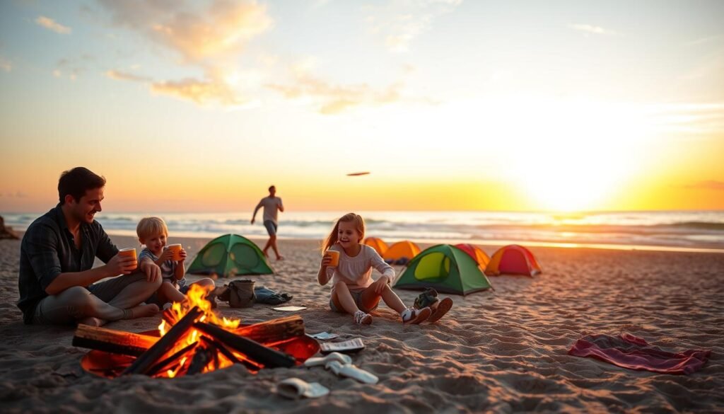 beach camping activities family enjoying sunset beach camping activities family enjoying sunset