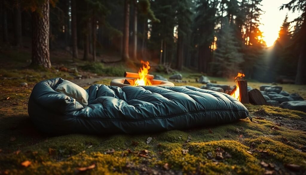 cozy double sleeping bag in camping scene cozy double sleeping bag in camping scene
