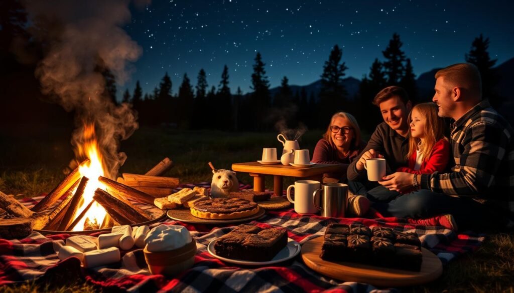 family enjoying outdoor desserts around a campfire