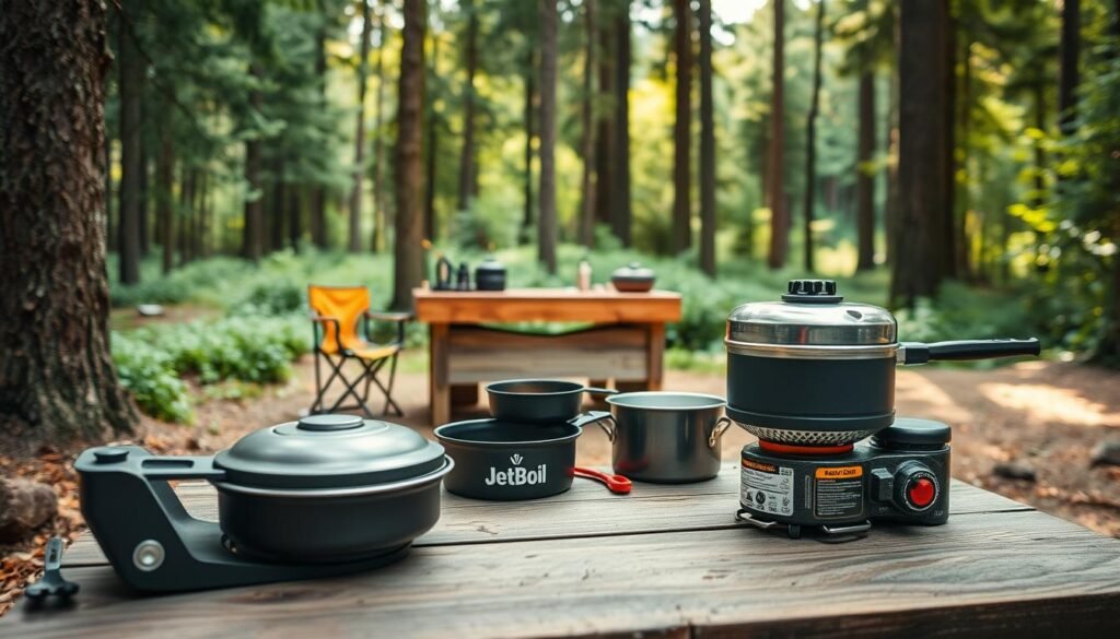 portable camping cookware setup