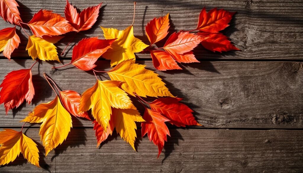 A beautiful arrangement of vibrant autumn leaves, delicately placed on a weathered wooden surface. The leaves, in hues of warm oranges, yellows, and reds, are arranged in an organic, artistic manner, creating a captivating natural composition. Soft, diffused lighting casts gentle shadows, highlighting the intricate textures and shapes of the leaves. The image has a serene, contemplative atmosphere, inviting the viewer to pause and appreciate the beauty of nature's ephemeral artistry. The overall scene conveys a sense of tranquility and wonder, perfectly capturing the essence of "Leaf Art and Natural Impressions."