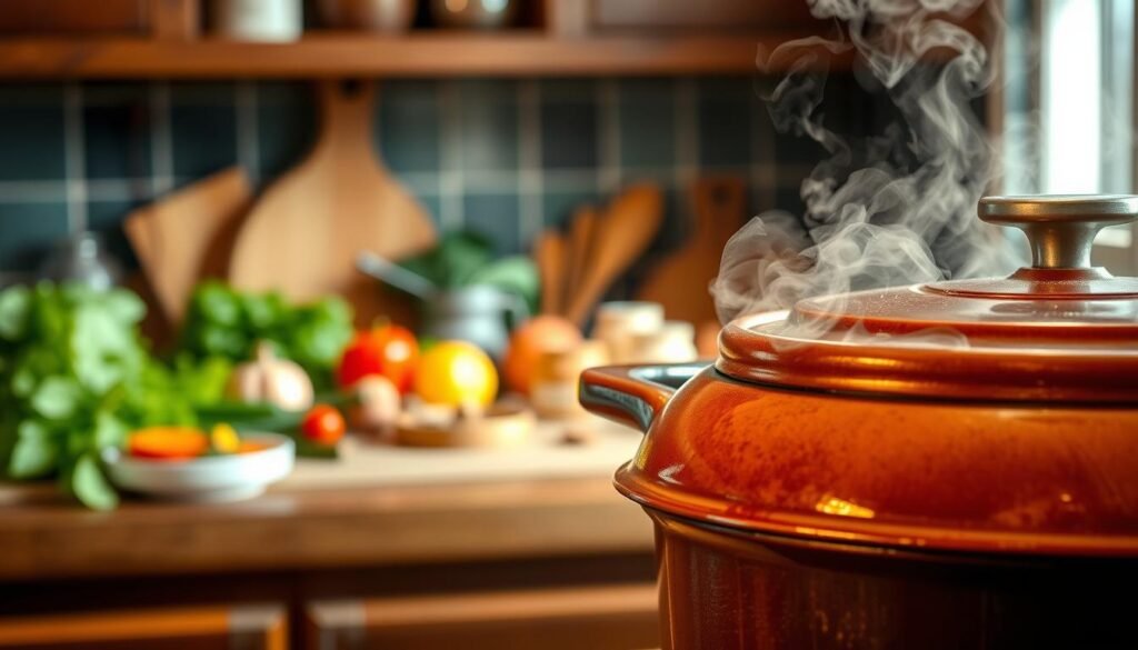 A beautifully lit kitchen counter, showcasing a rustic Dutch oven in the foreground, steam gently rising from its contents. The cast iron surface reflects the warm, golden light, highlighting its sturdy, timeless design. In the middle ground, an array of fresh ingredients, such as vegetables, herbs, and spices, suggests the flavorful meals that can be prepared within the Dutch oven's confines. The background is softly blurred, creating a sense of focus on the oven's central role in the culinary process. The overall scene conveys the benefits of Dutch oven cooking - its ability to retain heat, intensify flavors, and produce tender, succulent dishes with minimal effort. A beautifully lit kitchen counter, showcasing a rustic Dutch oven in the foreground, steam gently rising from its contents. The cast iron surface reflects the warm, golden light, highlighting its sturdy, timeless design. In the middle ground, an array of fresh ingredients, such as vegetables, herbs, and spices, suggests the flavorful meals that can be prepared within the Dutch oven's confines. The background is softly blurred, creating a sense of focus on the oven's central role in the culinary process. The overall scene conveys the benefits of Dutch oven cooking - its ability to retain heat, intensify flavors, and produce tender, succulent dishes with minimal effort.