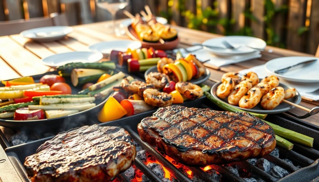 A beautifully lit outdoor scene featuring an array of mouthwatering grilled dishes. In the foreground, a juicy steak sizzles over charcoal flames, its caramelized surface glistening. Surrounding it, a selection of grilled vegetables - tender zucchini, bell peppers, and asparagus spears - arranged in a visually appealing composition. In the middle ground, a platter overflows with skewers of marinated chicken, shrimp, and pineapple, their char-kissed edges lending a smoky aroma. In the background, a rustic wooden table is set with plates, utensils, and a crisp white tablecloth, creating an inviting atmosphere perfect for alfresco dining. The lighting is warm and golden, evoking the cozy ambiance of a summer evening spent grilling and socializing with friends.