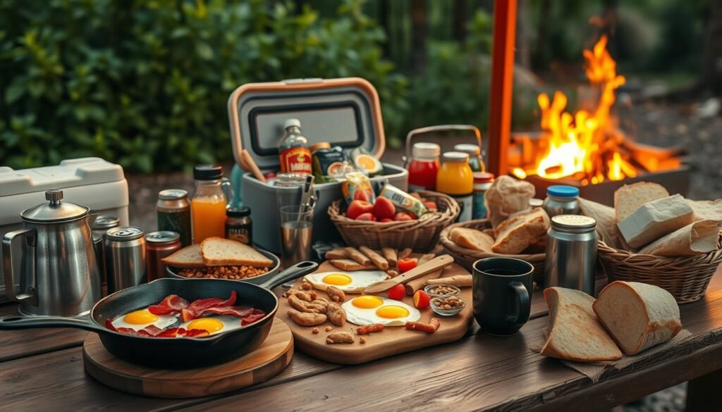 A bountiful spread of classic camping fare arranged on a rustic wooden table, bathed in warm, golden lighting that casts a cozy glow. In the foreground, a cast-iron skillet sizzles with bacon and eggs, accompanied by freshly brewed camp coffee in a stainless steel percolator. Beside it, a basket overflows with fresh bread, fruit, and trail mix. In the middle ground, a cooler filled with juices, water, and beer chills beside a stack of canned goods and dehydrated meals. In the background, a backdrop of lush, verdant foliage and a crackling campfire hint at the great outdoors. The overall scene evokes the comforts of home blended with the adventurous spirit of camping. A bountiful spread of classic camping fare arranged on a rustic wooden table, bathed in warm, golden lighting that casts a cozy glow. In the foreground, a cast-iron skillet sizzles with bacon and eggs, accompanied by freshly brewed camp coffee in a stainless steel percolator. Beside it, a basket overflows with fresh bread, fruit, and trail mix. In the middle ground, a cooler filled with juices, water, and beer chills beside a stack of canned goods and dehydrated meals. In the background, a backdrop of lush, verdant foliage and a crackling campfire hint at the great outdoors. The overall scene evokes the comforts of home blended with the adventurous spirit of camping.