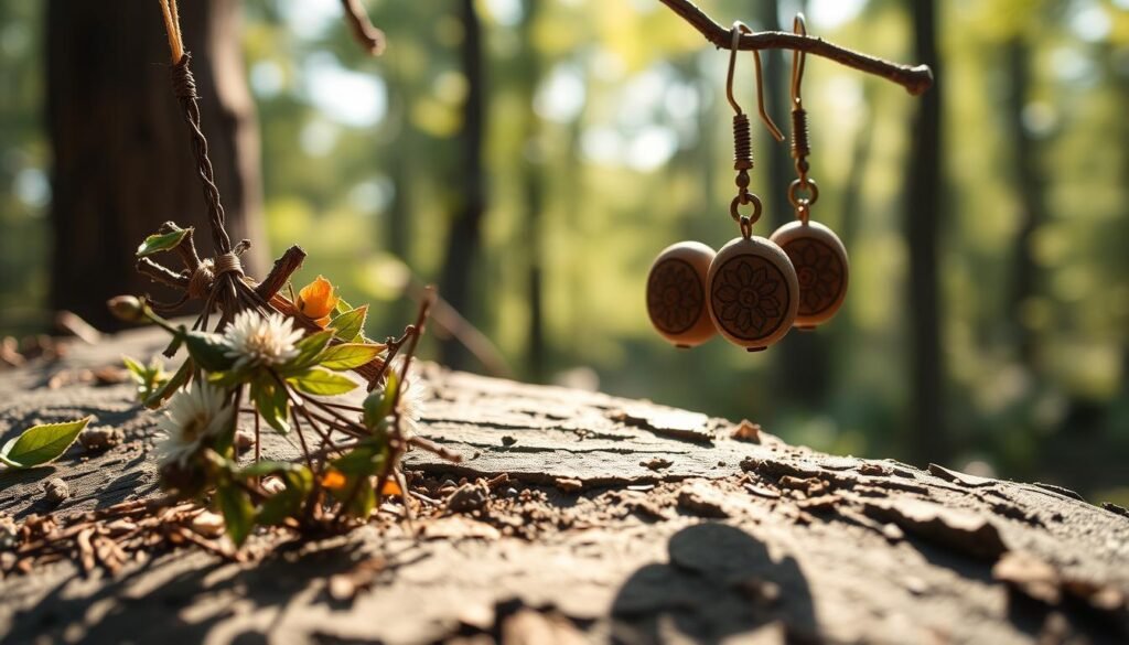A breathtaking close-up of nature-inspired jewelry, meticulously crafted with organic materials. In the foreground, a delicate necklace made of intricately woven leaves, twigs, and wildflowers, its intricate design capturing the essence of the great outdoors. In the middle ground, a set of earrings featuring intricate patterns carved into wooden beads, each one unique and one-of-a-kind. The background showcases a serene, sun-dappled forest scene, creating a sense of harmony and connection with the natural world. The lighting is soft and warm, highlighting the textures and colors of the jewelry, giving it a natural, earthy glow. The image is captured from a close, intimate angle, drawing the viewer's attention to the stunning details and craftsmanship of these nature-inspired accessories.