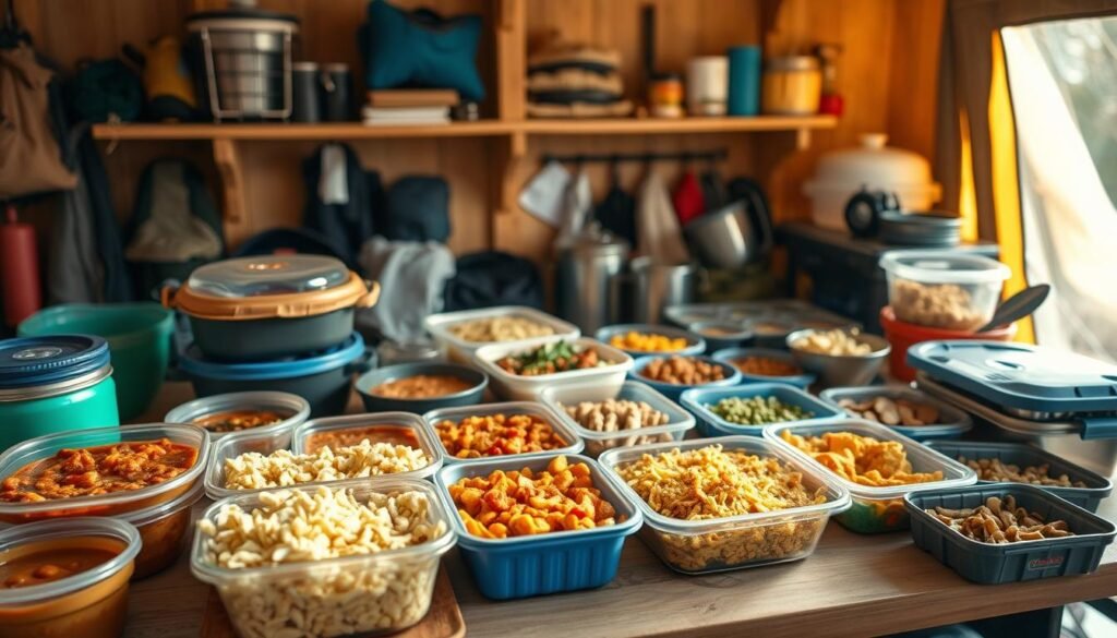 A camp kitchen countertop filled with an assortment of make-ahead camping meals, including hearty stews, savory casseroles, and portable snacks. The lighting is warm and natural, casting a cozy glow over the scene. In the foreground, various containers and utensils are neatly arranged, showcasing the organization and preparation involved. The middle ground features the prepared meals, their textures and colors enticing the viewer. In the background, a backdrop of rustic wooden shelves and camping gear hints at the outdoor adventure to come. The overall atmosphere evokes a sense of anticipation and the benefits of planning ahead for a successful and enjoyable camping trip. A camp kitchen countertop filled with an assortment of make-ahead camping meals, including hearty stews, savory casseroles, and portable snacks. The lighting is warm and natural, casting a cozy glow over the scene. In the foreground, various containers and utensils are neatly arranged, showcasing the organization and preparation involved. The middle ground features the prepared meals, their textures and colors enticing the viewer. In the background, a backdrop of rustic wooden shelves and camping gear hints at the outdoor adventure to come. The overall atmosphere evokes a sense of anticipation and the benefits of planning ahead for a successful and enjoyable camping trip.