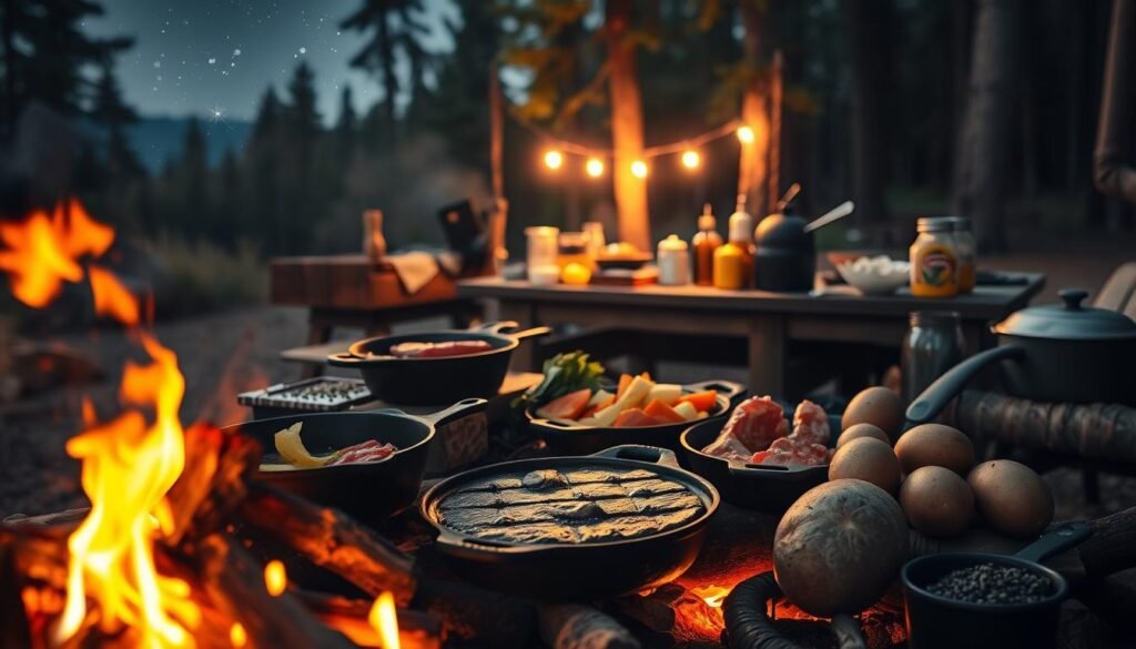 A campfire crackling in the foreground, casting a warm glow over a collection of cast-iron cookware and fresh ingredients - juicy steaks, crisp vegetables, and hearty potatoes. In the middle ground, a well-stocked outdoor kitchen with cooking utensils and seasonings, all bathed in the soft light of the flickering flames. The background reveals a serene forest landscape, with towering pines and a starry night sky. The atmosphere is one of rustic tranquility, inviting the viewer to imagine the delicious, satisfying meal that will soon be prepared over the campfire. A campfire crackling in the foreground, casting a warm glow over a collection of cast-iron cookware and fresh ingredients - juicy steaks, crisp vegetables, and hearty potatoes. In the middle ground, a well-stocked outdoor kitchen with cooking utensils and seasonings, all bathed in the soft light of the flickering flames. The background reveals a serene forest landscape, with towering pines and a starry night sky. The atmosphere is one of rustic tranquility, inviting the viewer to imagine the delicious, satisfying meal that will soon be prepared over the campfire.