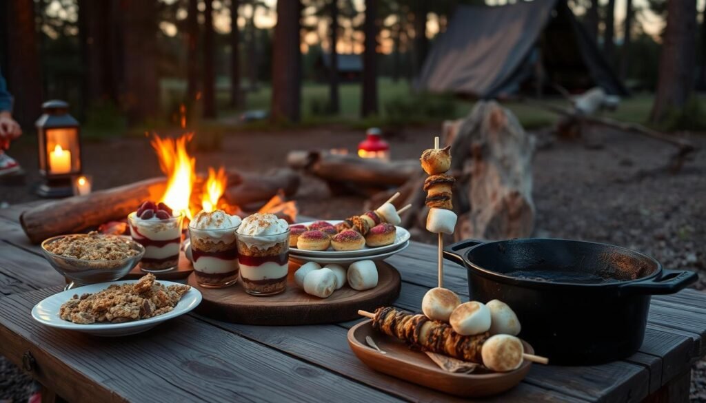 A campfire glowing in the twilight, casting a warm glow over a rustic wooden table laden with an array of delectable make-ahead camping desserts. Freshly baked fruit cobblers and crumbles, layered parfaits with homemade granola, and skewers of grilled, caramelized marshmallows sit alongside a cast-iron Dutch oven filled with a bubbling, gooey chocolate brownie. The scene is accented by the soft light of lanterns and the silhouettes of towering pine trees in the background, creating a cozy, inviting atmosphere perfect for enjoying sweet treats in the great outdoors. A campfire glowing in the twilight, casting a warm glow over a rustic wooden table laden with an array of delectable make-ahead camping desserts. Freshly baked fruit cobblers and crumbles, layered parfaits with homemade granola, and skewers of grilled, caramelized marshmallows sit alongside a cast-iron Dutch oven filled with a bubbling, gooey chocolate brownie. The scene is accented by the soft light of lanterns and the silhouettes of towering pine trees in the background, creating a cozy, inviting atmosphere perfect for enjoying sweet treats in the great outdoors.
