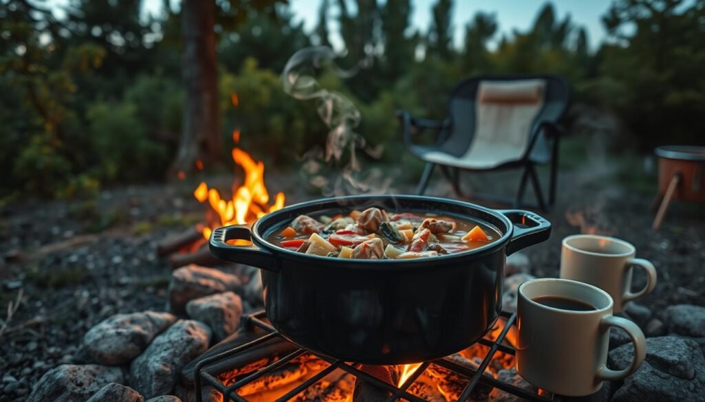 A campfire glows softly, casting a warm light over a one-pot meal simmering on a grate. Hearty vegetables, tender chunks of meat, and a savory broth mingle in an enameled cast-iron Dutch oven. Wisps of steam rise, hinting at the delicious aroma. Nearby, a canvas camp chair and a mug of steaming coffee suggest a cozy, outdoor dining experience. The scene is framed by a backdrop of lush, green foliage and a clear, starry sky, conveying a sense of peaceful, self-sufficient living in nature. Photographed with a wide-angle lens to capture the full ambiance, this image celebrates the simple joys of one-pot camping meals. A campfire glows softly, casting a warm light over a one-pot meal simmering on a grate. Hearty vegetables, tender chunks of meat, and a savory broth mingle in an enameled cast-iron Dutch oven. Wisps of steam rise, hinting at the delicious aroma. Nearby, a canvas camp chair and a mug of steaming coffee suggest a cozy, outdoor dining experience. The scene is framed by a backdrop of lush, green foliage and a clear, starry sky, conveying a sense of peaceful, self-sufficient living in nature. Photographed with a wide-angle lens to capture the full ambiance, this image celebrates the simple joys of one-pot camping meals.