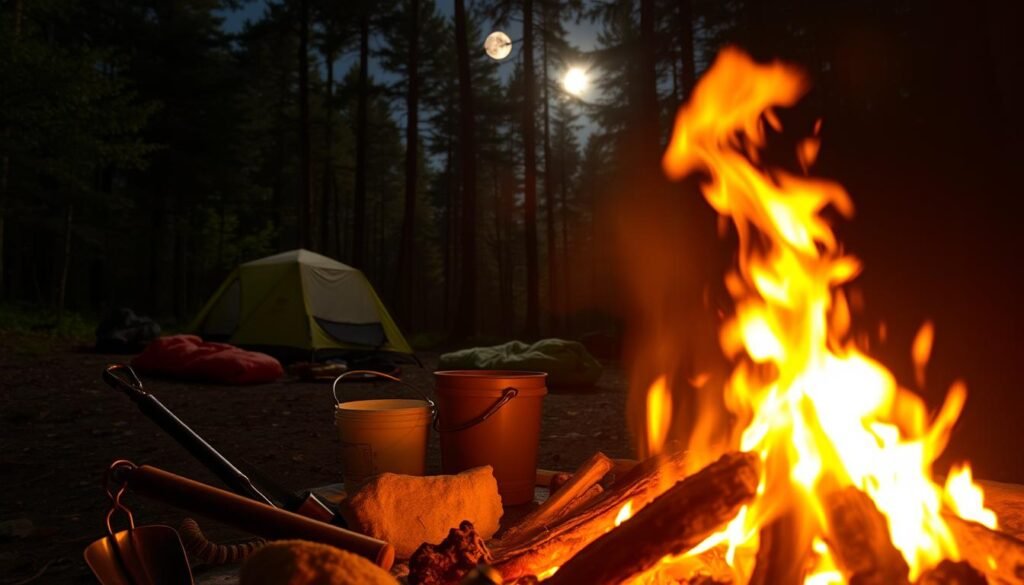 A campfire roaring in the foreground, illuminating a cozy scene of fire-management tools - a shovel, tongs, and a bucket of water nearby. In the middle ground, a sturdy tent and sleeping bags suggest a wilderness getaway. The background features a dense forest canopy, with moonlight filtering through the trees, creating a serene, atmospheric ambiance. The lighting is warm and natural, casting a golden glow over the entire composition. The image conveys a sense of rugged self-sufficiency and the peaceful tranquility of outdoor adventure.
