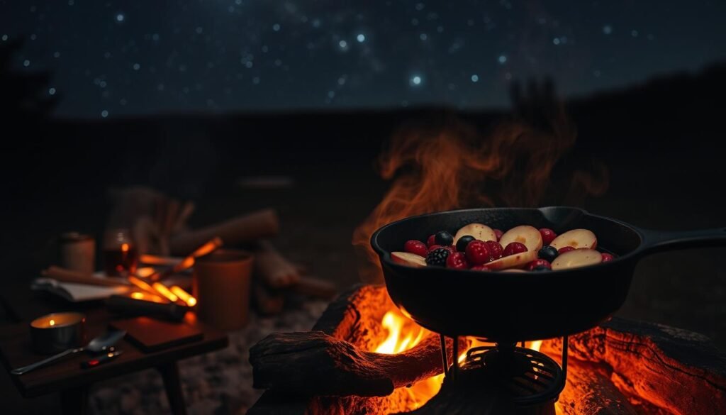 A campfire under a starry night sky, casting a warm glow on a cast-iron skillet filled with a bubbly, caramelized dessert. Freshly picked berries and sliced apples sizzle and release their juices, filling the air with an enticing aroma. Beside the fire, a rustic wooden table holds an array of utensils and ingredients, ready for the final touches. The scene is bathed in the soft, flickering light of the flames, creating a cozy, inviting atmosphere perfect for mastering the art of campfire desserts. A campfire under a starry night sky, casting a warm glow on a cast-iron skillet filled with a bubbly, caramelized dessert. Freshly picked berries and sliced apples sizzle and release their juices, filling the air with an enticing aroma. Beside the fire, a rustic wooden table holds an array of utensils and ingredients, ready for the final touches. The scene is bathed in the soft, flickering light of the flames, creating a cozy, inviting atmosphere perfect for mastering the art of campfire desserts.