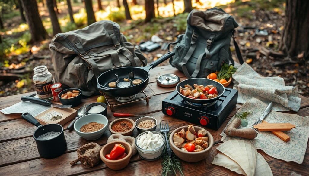 A campsite kitchen laid out on a wooden table, with various cooking utensils, spices, and fresh ingredients neatly arranged. A cast-iron skillet sizzles over a portable gas stove, filling the air with the aroma of a hearty meal. Nearby, a weathered backpack and a well-worn map hint at the adventurous journey that led to this moment. Soft, natural lighting filters through the trees, casting a warm glow over the scene. The overall mood is one of cozy self-sufficiency, as the campers plan their next culinary adventure in the great outdoors. A campsite kitchen laid out on a wooden table, with various cooking utensils, spices, and fresh ingredients neatly arranged. A cast-iron skillet sizzles over a portable gas stove, filling the air with the aroma of a hearty meal. Nearby, a weathered backpack and a well-worn map hint at the adventurous journey that led to this moment. Soft, natural lighting filters through the trees, casting a warm glow over the scene. The overall mood is one of cozy self-sufficiency, as the campers plan their next culinary adventure in the great outdoors.