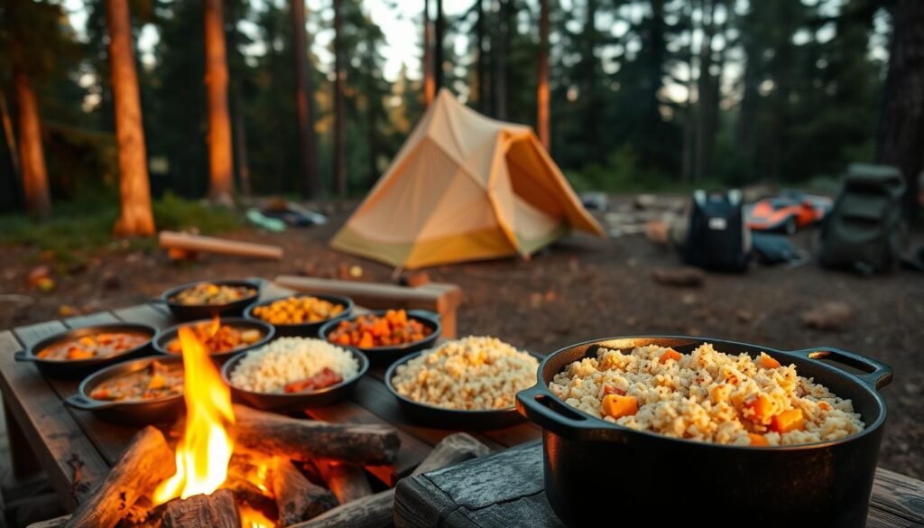 A campsite nestled among towering pines, the air crisp and clean. On a wooden table, an array of neatly prepared dishes - hearty stews, savory casseroles, and fragrant rice dishes. The lighting is warm and inviting, casting a soft glow over the scene. In the foreground, a cast-iron pot simmers over a crackling fire, the enticing aroma of a slow-cooked meal wafting through the air. In the background, a cozy tent and backpacks suggest a group of adventurous campers, ready to enjoy a delicious make-ahead dinner after a day of exploring the great outdoors. A campsite nestled among towering pines, the air crisp and clean. On a wooden table, an array of neatly prepared dishes - hearty stews, savory casseroles, and fragrant rice dishes. The lighting is warm and inviting, casting a soft glow over the scene. In the foreground, a cast-iron pot simmers over a crackling fire, the enticing aroma of a slow-cooked meal wafting through the air. In the background, a cozy tent and backpacks suggest a group of adventurous campers, ready to enjoy a delicious make-ahead dinner after a day of exploring the great outdoors.