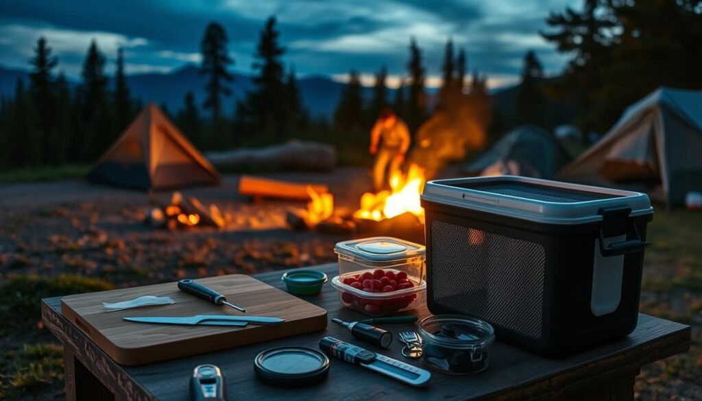 A campsite scene at dusk, lit by a warm campfire. In the foreground, a wooden table is set with various camping meal prep items - a cutting board, knives, food containers, and a portable cooler. On the table, there are visual cues for proper food handling, such as a food thermometer and handwashing supplies. The middle ground features a mesh food storage container, highlighting the importance of protecting food from pests. In the background, silhouettes of trees and mountains create a serene, nature-inspired setting. The overall mood is one of safety and preparedness for a delicious, worry-free camping meal. A campsite scene at dusk, lit by a warm campfire. In the foreground, a wooden table is set with various camping meal prep items - a cutting board, knives, food containers, and a portable cooler. On the table, there are visual cues for proper food handling, such as a food thermometer and handwashing supplies. The middle ground features a mesh food storage container, highlighting the importance of protecting food from pests. In the background, silhouettes of trees and mountains create a serene, nature-inspired setting. The overall mood is one of safety and preparedness for a delicious, worry-free camping meal.
