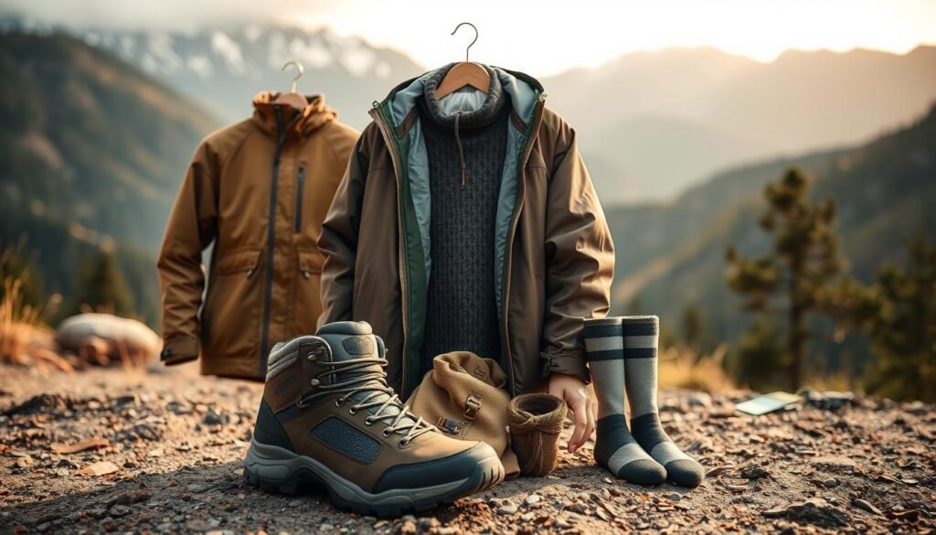 A carefully curated assortment of quintessential camping clothing essentials, artfully arranged against a softly lit, naturalistic backdrop. In the foreground, a high-quality fleece jacket, durable hiking boots, and a sturdy, water-resistant shell stand ready for the great outdoors. The middle ground features a cozy knit sweater, breathable base layers, and thermal socks, while the background subtly hints at the rugged terrain and serene landscapes that await the adventurer. Warm, earthy tones and muted hues evoke a sense of rustic charm and outdoor exploration. Captured through a wide-angle lens with gentle, diffused lighting to showcase the functionality and practicality of this carefully curated camping wardrobe. A carefully curated assortment of quintessential camping clothing essentials, artfully arranged against a softly lit, naturalistic backdrop. In the foreground, a high-quality fleece jacket, durable hiking boots, and a sturdy, water-resistant shell stand ready for the great outdoors. The middle ground features a cozy knit sweater, breathable base layers, and thermal socks, while the background subtly hints at the rugged terrain and serene landscapes that await the adventurer. Warm, earthy tones and muted hues evoke a sense of rustic charm and outdoor exploration. Captured through a wide-angle lens with gentle, diffused lighting to showcase the functionality and practicality of this carefully curated camping wardrobe.