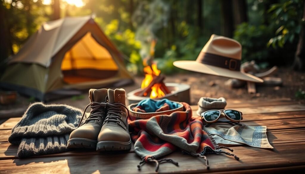 A checklist of essential camping attire items laid out on a wooden surface, illuminated by soft, natural lighting. In the foreground, a cozy beanie, sturdy hiking boots, and a warm scarf. In the middle ground, a wide-brimmed hat, sunglasses, and a lightweight bandana. The background features a tent, a campfire, and lush, green foliage, creating a tranquil, outdoor atmosphere. The image conveys a sense of preparedness and adventure, highlighting the crucial pieces of gear for protecting the head and face during various camping conditions. A checklist of essential camping attire items laid out on a wooden surface, illuminated by soft, natural lighting. In the foreground, a cozy beanie, sturdy hiking boots, and a warm scarf. In the middle ground, a wide-brimmed hat, sunglasses, and a lightweight bandana. The background features a tent, a campfire, and lush, green foliage, creating a tranquil, outdoor atmosphere. The image conveys a sense of preparedness and adventure, highlighting the crucial pieces of gear for protecting the head and face during various camping conditions.