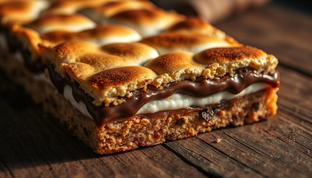 A close-up shot of a freshly baked s'mores bar, glistening with melted chocolate and toasted marshmallow. The graham cracker crust is golden brown, flecked with crunchy bits. The layered squares sit on a rustic wooden surface, casting soft shadows. Warm lighting casts a cozy glow, evoking a campfire ambiance. The rich, indulgent dessert is the perfect handheld treat for a cozy night under the stars. A close-up shot of a freshly baked s'mores bar, glistening with melted chocolate and toasted marshmallow. The graham cracker crust is golden brown, flecked with crunchy bits. The layered squares sit on a rustic wooden surface, casting soft shadows. Warm lighting casts a cozy glow, evoking a campfire ambiance. The rich, indulgent dessert is the perfect handheld treat for a cozy night under the stars.
