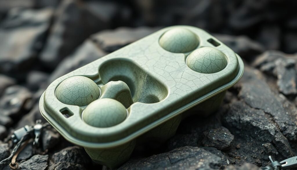 A close-up view of a waterproof egg case, resting on a rocky surface. The case is oval-shaped, with a smooth, hard shell that glistens with moisture. The shell is a deep, earthy brown color, with intricate textures and patterns that suggest a natural, organic origin. The case appears sturdy and durable, designed to protect its precious cargo from the elements. The lighting is soft and diffused, casting subtle shadows that accentuate the three-dimensional form of the object. The background is slightly blurred, allowing the egg case to be the focal point of the image, showcasing its unique and essential qualities as a waterproof habitat for fragile eggs.