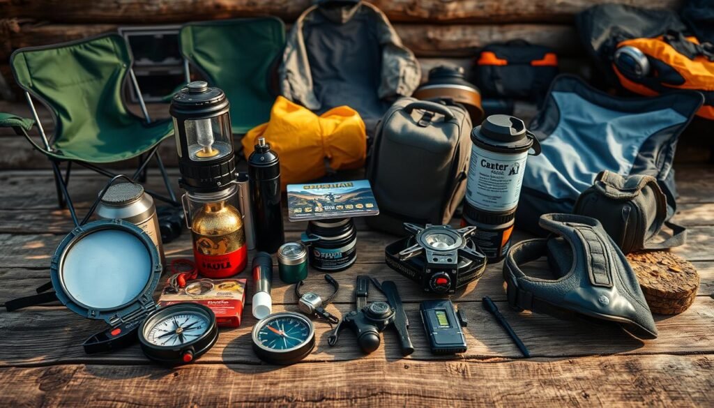 A collection of outdoor adventure gear, meticulously arranged on a rustic wooden surface. In the foreground, a high-quality compass, a tactical flashlight, and a weatherproof multi-tool stand out with a sense of precision and functionality. The middle ground features a state-of-the-art portable stove, a compact water filtration system, and a durable headlamp, each designed to optimize campsite comfort and convenience. In the background, a cozy sleeping bag, a compact camping chair, and a lightweight backpack hint at the broader range of essential gear, all captured under natural, warm lighting that evokes a sense of rugged exploration. A collection of outdoor adventure gear, meticulously arranged on a rustic wooden surface. In the foreground, a high-quality compass, a tactical flashlight, and a weatherproof multi-tool stand out with a sense of precision and functionality. The middle ground features a state-of-the-art portable stove, a compact water filtration system, and a durable headlamp, each designed to optimize campsite comfort and convenience. In the background, a cozy sleeping bag, a compact camping chair, and a lightweight backpack hint at the broader range of essential gear, all captured under natural, warm lighting that evokes a sense of rugged exploration.