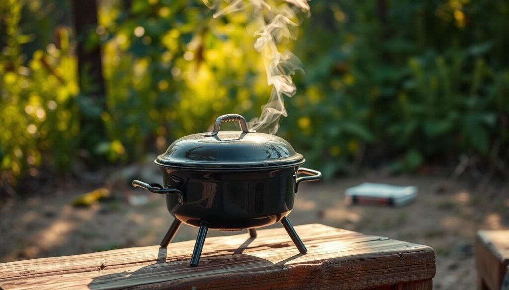 A compact, sturdy charcoal grill set against a natural backdrop of lush greenery. The grill's sleek, black enameled body gleams under the warm, golden light, casting subtle shadows on the ground. Delicate wisps of smoke drift upwards, hinting at the delicious meal being prepared. The grill's compact size is emphasized by its placement on a sturdy, weathered wooden table, creating a harmonious blend of rustic and modern elements. The scene evokes a sense of outdoor adventure and culinary exploration, perfectly suited for a camping or backyard setting.