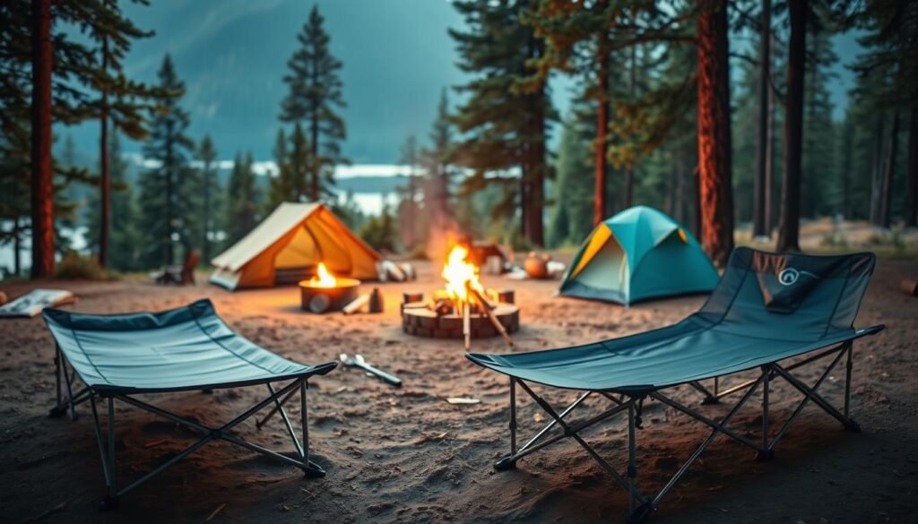 A cozy and inviting camping scene showcasing the best camping cots. In the foreground, three high-quality cots stand out, their sturdy frames and comfortable mattresses inviting the viewer to imagine a restful night under the stars. The middle ground features a well-equipped campsite, with a roaring fire pit and a small tent, suggesting the perfect setting for a peaceful outdoor adventure. The background depicts a serene, lush forest landscape, with towering pine trees and a glimpse of a tranquil lake, creating a sense of natural harmony. The lighting is soft and warm, casting a golden glow across the scene, evoking a sense of cozy contentment. The overall composition and attention to detail convey the quality and comfort of the featured camping cots, making them the ideal choice for a restful and enjoyable outdoor experience.