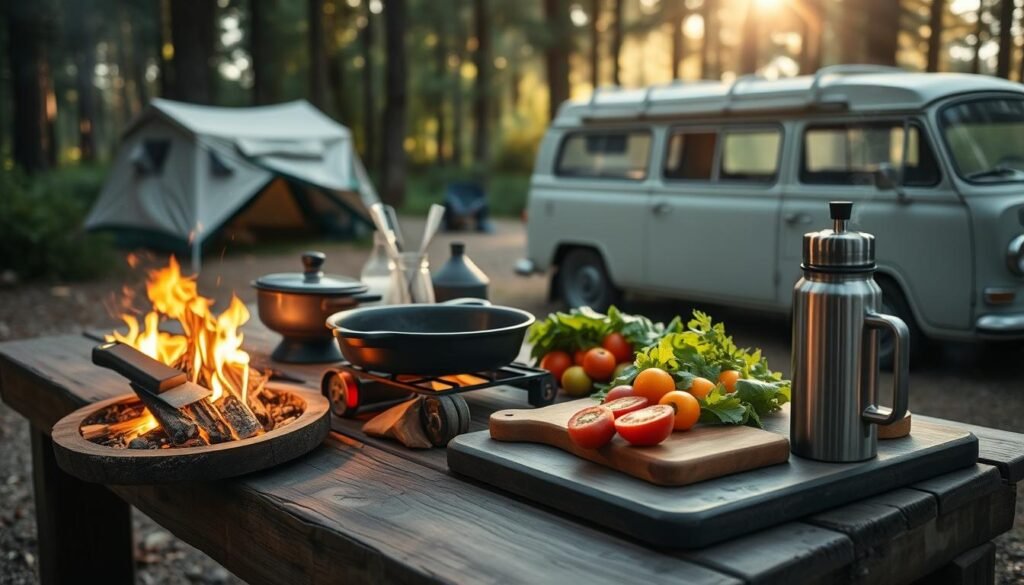 A cozy camp kitchen setup with a rustic wooden table, a cast iron skillet sizzling over a campfire, a cutting board with fresh vegetables, and a thermos of steaming coffee. Soft natural lighting filters through the trees, casting a warm glow. In the background, a canvas tent and a classic station wagon hint at the adventurous camping trip. The scene exudes a sense of planning and preparation for delicious, nourishing meals in the great outdoors. A cozy camp kitchen setup with a rustic wooden table, a cast iron skillet sizzling over a campfire, a cutting board with fresh vegetables, and a thermos of steaming coffee. Soft natural lighting filters through the trees, casting a warm glow. In the background, a canvas tent and a classic station wagon hint at the adventurous camping trip. The scene exudes a sense of planning and preparation for delicious, nourishing meals in the great outdoors.