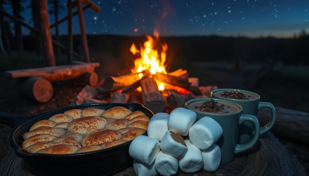 A cozy campfire at dusk, surrounded by a rustic wood log seating area. In the foreground, a cast iron skillet sizzles with a bubbling, golden-brown cobbler, the aroma of cinnamon and vanilla wafting through the air. Beside it, a stack of freshly roasted marshmallows, their fluffy white tops lightly charred. In the middle ground, a group of mugs filled with rich, creamy hot chocolate garnished with chocolate shavings and crushed graham crackers. The background features an expansive starry night sky, the flickering campfire casting a warm, inviting glow across the serene forest landscape. A cozy campfire at dusk, surrounded by a rustic wood log seating area. In the foreground, a cast iron skillet sizzles with a bubbling, golden-brown cobbler, the aroma of cinnamon and vanilla wafting through the air. Beside it, a stack of freshly roasted marshmallows, their fluffy white tops lightly charred. In the middle ground, a group of mugs filled with rich, creamy hot chocolate garnished with chocolate shavings and crushed graham crackers. The background features an expansive starry night sky, the flickering campfire casting a warm, inviting glow across the serene forest landscape.