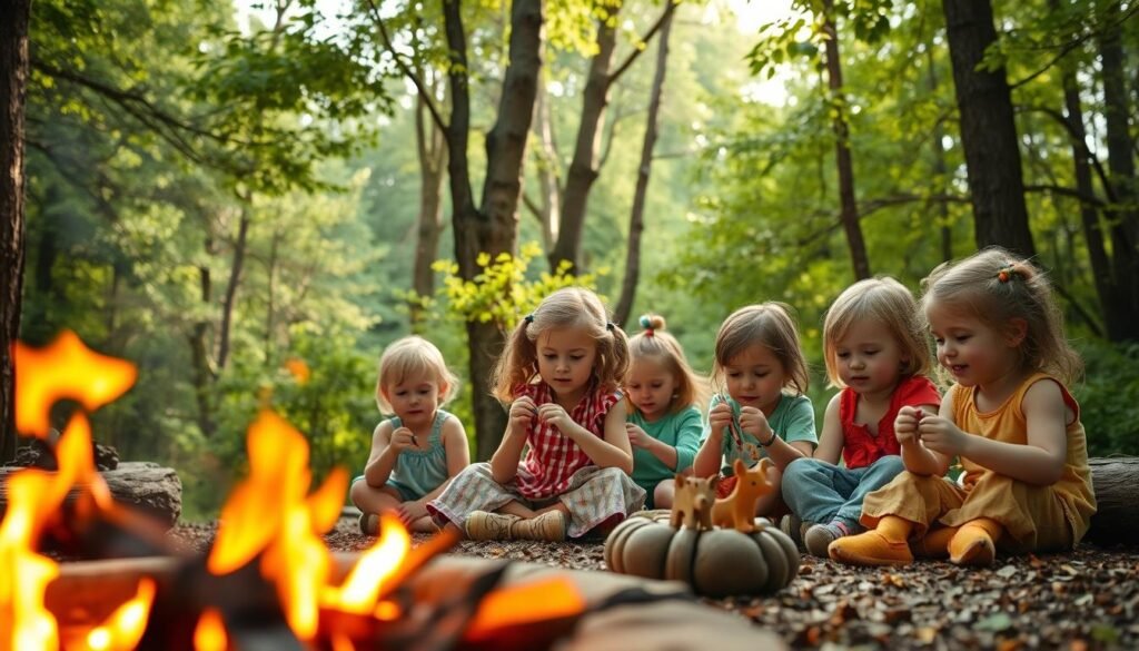 A cozy campfire crackling in the foreground, surrounded by a forest of lush, verdant trees. In the middle ground, a group of young children engrossed in creating camp-themed crafts - weaving friendship bracelets, painting wooden animal figurines, and sculpting clay fire pits. Soft, diffused natural lighting filters through the canopy, casting a warm, inviting glow over the scene. The children's faces are filled with concentration and delight, showcasing the educational and developmental benefits of these hands-on, nature-inspired activities for preschoolers. The overall atmosphere evokes a sense of wonder, creativity, and the joys of outdoor exploration and learning.