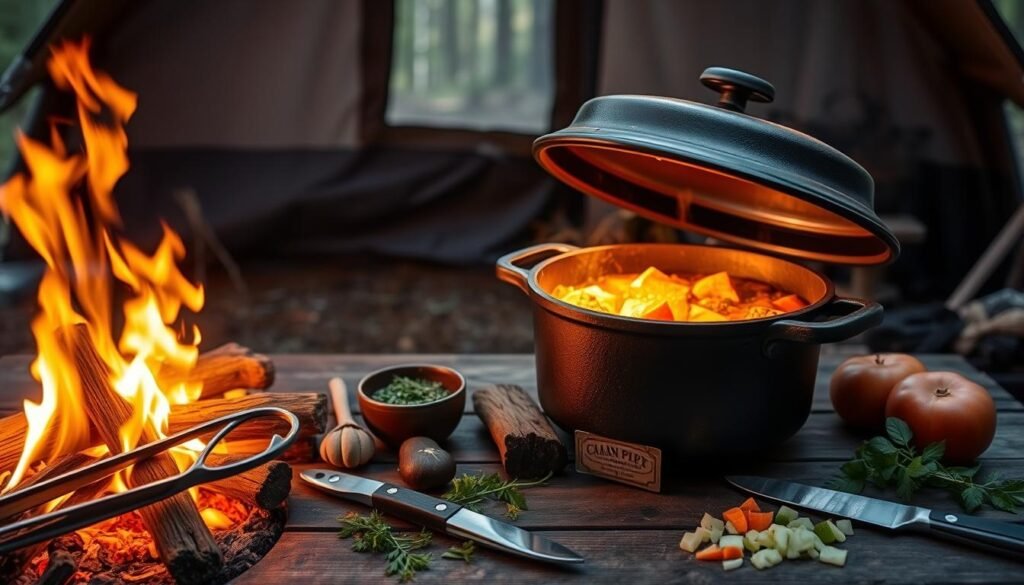A cozy campfire illuminates a sturdy cast-iron dutch oven, its lid ajar, revealing a hearty stew simmering within. On a wooden table nearby, an assortment of tools and ingredients - a pair of metal tongs, a sharp knife, fresh herbs, and diced vegetables - suggest a scene of purposeful culinary preparation. The background is a rustic cabin interior, with weathered wood paneling and a window offering a glimpse of a serene forest landscape outside. The overall atmosphere evokes a sense of outdoor adventure and resourceful kitchen hacks, perfect for elevating a camping meal. A cozy campfire illuminates a sturdy cast-iron dutch oven, its lid ajar, revealing a hearty stew simmering within. On a wooden table nearby, an assortment of tools and ingredients - a pair of metal tongs, a sharp knife, fresh herbs, and diced vegetables - suggest a scene of purposeful culinary preparation. The background is a rustic cabin interior, with weathered wood paneling and a window offering a glimpse of a serene forest landscape outside. The overall atmosphere evokes a sense of outdoor adventure and resourceful kitchen hacks, perfect for elevating a camping meal.