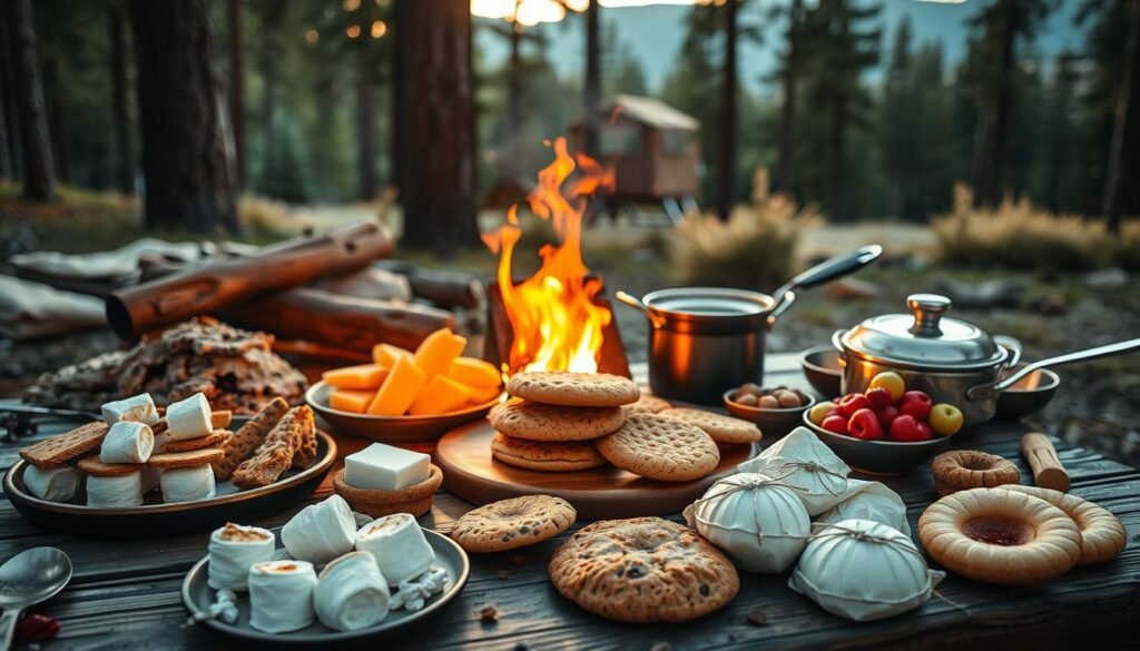 A cozy campfire scene with an array of mouthwatering camping food ideas laid out on a rustic wooden table. Sizzling marshmallows, gooey s'mores, freshly baked cookies, and a variety of seasonal fruits and berries. Warm, flickering firelight casts a golden glow across the scene, creating a charming and inviting atmosphere. The middle ground features expertly crafted camping cookware and utensils, while the background showcases a picturesque forest landscape with towering pine trees. The overall mood is one of comforting nostalgia and outdoor adventure, perfectly capturing the essence of essential gear for perfect camping desserts. A cozy campfire scene with an array of mouthwatering camping food ideas laid out on a rustic wooden table. Sizzling marshmallows, gooey s'mores, freshly baked cookies, and a variety of seasonal fruits and berries. Warm, flickering firelight casts a golden glow across the scene, creating a charming and inviting atmosphere. The middle ground features expertly crafted camping cookware and utensils, while the background showcases a picturesque forest landscape with towering pine trees. The overall mood is one of comforting nostalgia and outdoor adventure, perfectly capturing the essence of essential gear for perfect camping desserts.