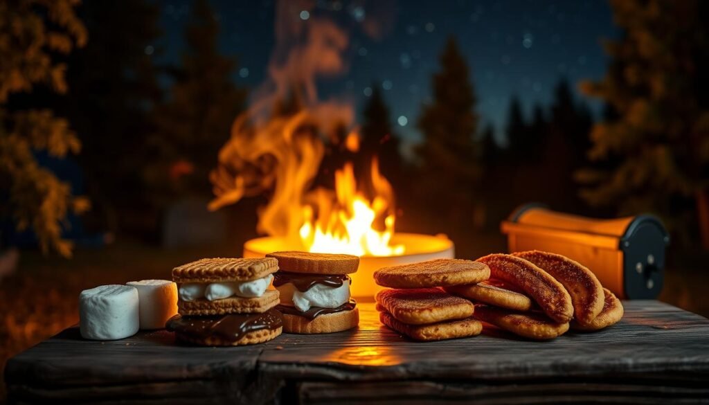 A cozy campfire under a starry night sky, illuminating a rustic wooden table laden with simple yet delectable desserts. Golden-brown marshmallows, gooey chocolate s'mores, and crisp, golden-fried bananas with a dusting of cinnamon sugar. The warm glow of the fire casts a soft, inviting light, creating a sense of comfort and nostalgia. In the background, silhouettes of pine trees sway gently, adding to the serene, outdoor ambiance. The scene captures the essence of cherished camping memories, where simple pleasures and the great outdoors come together to create moments of pure joy and delight, especially for kids. A cozy campfire under a starry night sky, illuminating a rustic wooden table laden with simple yet delectable desserts. Golden-brown marshmallows, gooey chocolate s'mores, and crisp, golden-fried bananas with a dusting of cinnamon sugar. The warm glow of the fire casts a soft, inviting light, creating a sense of comfort and nostalgia. In the background, silhouettes of pine trees sway gently, adding to the serene, outdoor ambiance. The scene captures the essence of cherished camping memories, where simple pleasures and the great outdoors come together to create moments of pure joy and delight, especially for kids.