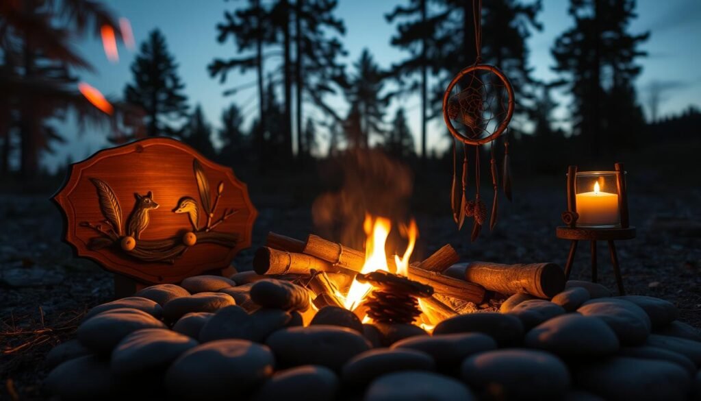 A cozy campfire with glowing embers, casting a warm, flickering light over a cluster of handmade crafts. In the foreground, a rustic wooden plaque adorned with carved woodland creatures, a dream catcher with feathers and beads, and a decorative candle holder crafted from twigs and pinecones. In the middle ground, a circle of smooth river stones surrounding the fire, with carefully arranged sticks and logs. In the background, silhouettes of tall pine trees against a dusky sky, creating a peaceful, natural ambiance. The scene is bathed in a soft, golden glow, evoking a sense of tranquility and the simple joys of outdoor exploration and creativity.