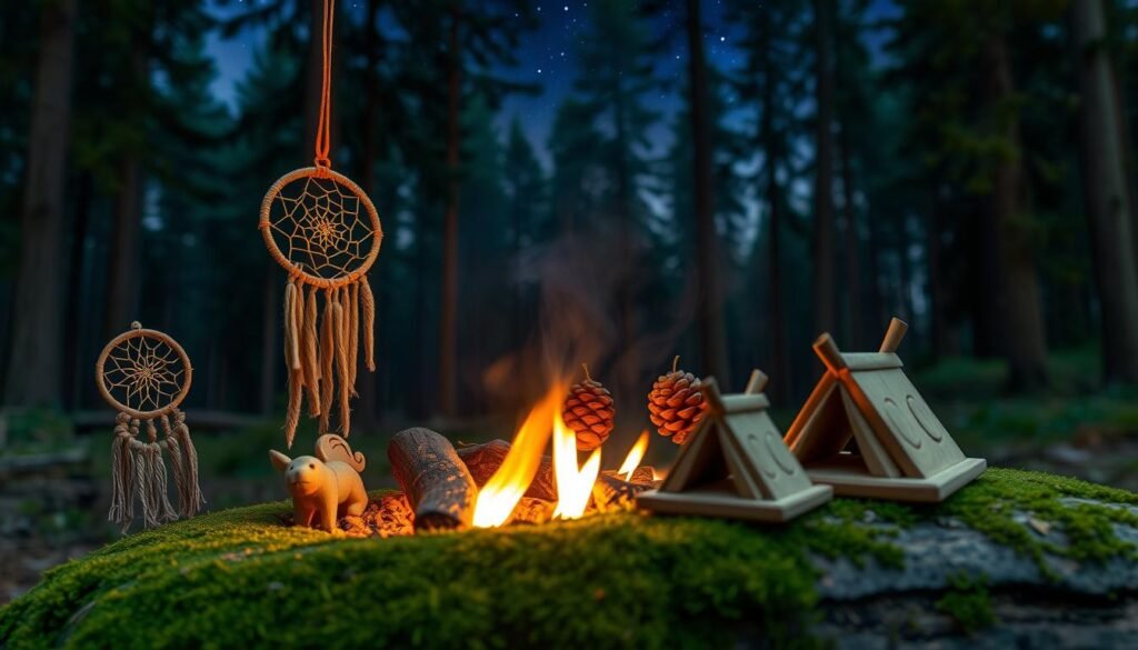 A cozy campfire with glowing embers, surrounded by various handmade crafts - a woven dream catcher, a small carved wooden animal, a pinecone garland, and a clay sculpture of a tent. The crafts are arranged on a moss-covered log, with a soft, warm light illuminating the scene. The background is a serene forest, with tall evergreen trees and a starry night sky. The overall atmosphere is one of relaxation, creativity, and the joy of outdoor exploration.