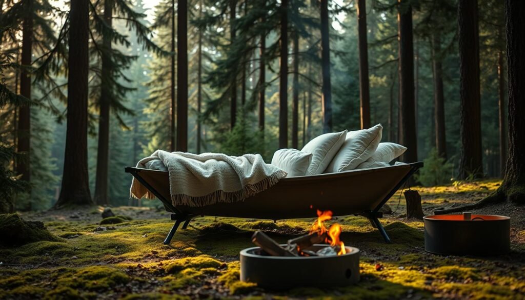 A cozy camping cot set up in a serene forest clearing, surrounded by tall evergreens. The cot is adorned with plush bedding, a warm blanket, and fluffy pillows, creating an inviting and comfortable sleeping space. Soft, diffused light filters through the canopy, casting a warm glow on the scene. The cot is positioned on a lush, mossy ground cover, with a small campfire pit nearby, hinting at the promise of a relaxing evening under the stars. The overall atmosphere is one of tranquility and restorative rest, perfectly suited for a peaceful night's sleep in the great outdoors.