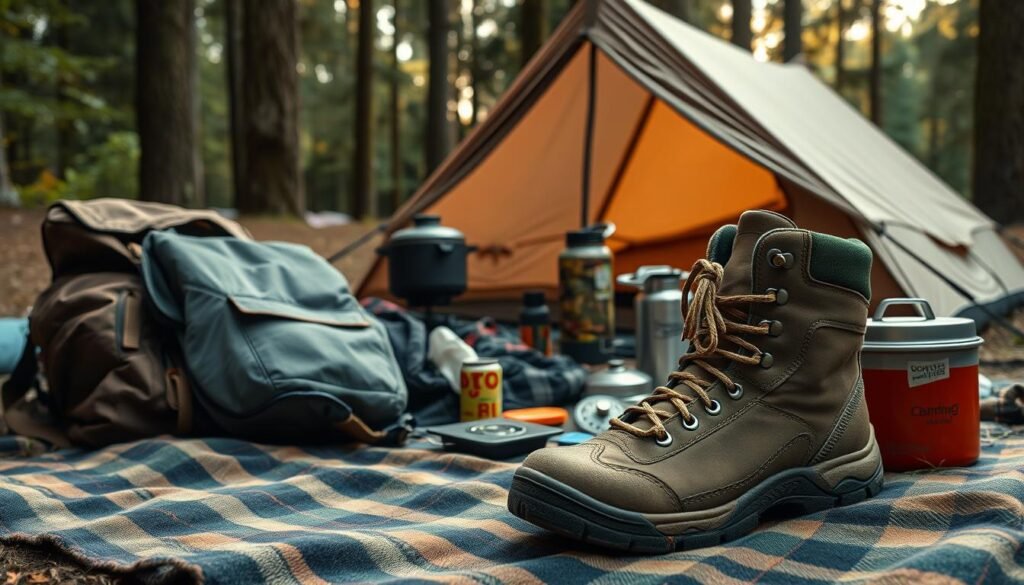 A cozy camping scene for high school adventurers, showcasing an assortment of essential gear. In the foreground, a well-worn backpack, sleeping bag, and mess kit lie atop a plaid blanket. A sturdy, weathered hiking boot stands nearby, its laces loosely tied. In the middle ground, a compact camping stove and a stack of durable cookware sit alongside a water bottle and a compass. In the background, a rugged tent in a muted, earthy tone stands tall, ready to shelter young explorers from the elements. Soft, natural lighting filters through the surrounding trees, casting a warm, inviting glow over the scene. The overall atmosphere evokes a sense of preparedness, adventure, and the thrill of discovering the great outdoors. A cozy camping scene for high school adventurers, showcasing an assortment of essential gear. In the foreground, a well-worn backpack, sleeping bag, and mess kit lie atop a plaid blanket. A sturdy, weathered hiking boot stands nearby, its laces loosely tied. In the middle ground, a compact camping stove and a stack of durable cookware sit alongside a water bottle and a compass. In the background, a rugged tent in a muted, earthy tone stands tall, ready to shelter young explorers from the elements. Soft, natural lighting filters through the surrounding trees, casting a warm, inviting glow over the scene. The overall atmosphere evokes a sense of preparedness, adventure, and the thrill of discovering the great outdoors.