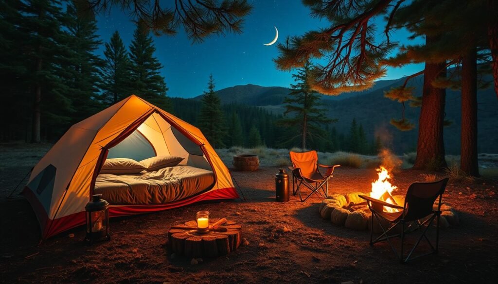 A cozy camping setup for two nestled in a scenic forest glade, with a large two-person tent illuminated by soft ambient lighting, a plush double sleeping bag and pillows invitingly arranged, and a small campfire with flickering flames casting warm shadows. In the middle ground, a pair of folding camp chairs and a small side table with a lantern sit nearby. The background features lush evergreen trees, gentle rolling hills, and a starry night sky with a crescent moon peeking through the branches.
