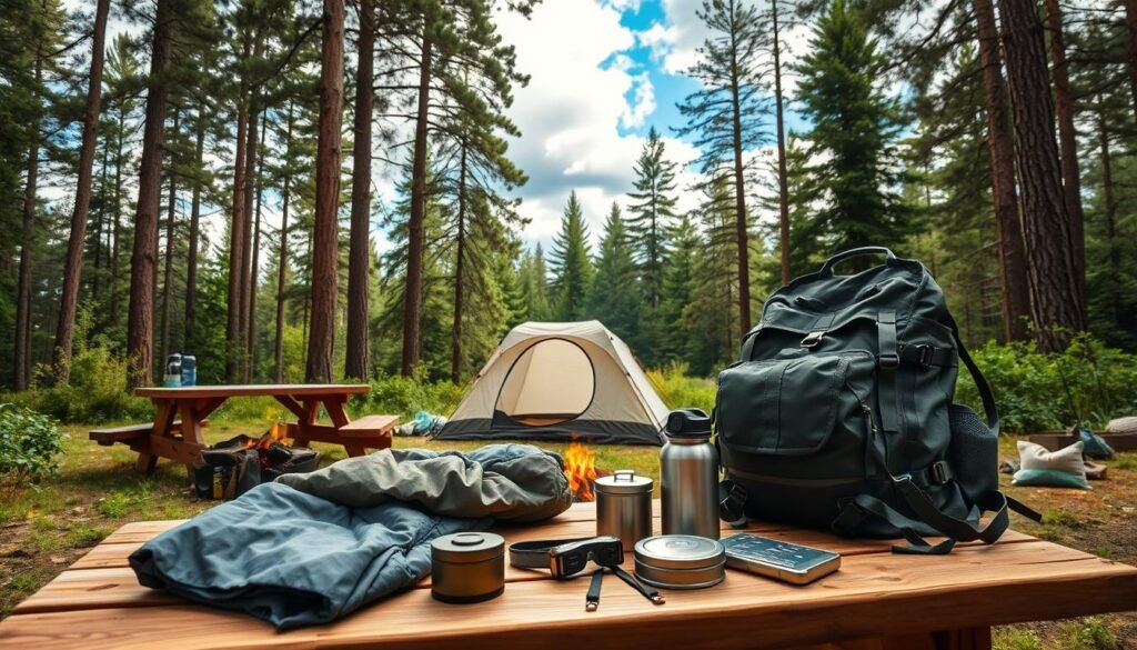 A cozy campsite in a verdant forest, with a wooden picnic table and a crackling campfire. In the foreground, an assortment of camping essentials neatly arranged: a sturdy backpack, a sleeping bag, a compact headlamp, a water bottle, and a mess kit. The middle ground features a small tent with a simple design, its fabric gently billowing in a soft breeze. In the background, tall pine trees reach up towards a partially cloudy sky, casting dappled shadows across the scene. The lighting is warm and natural, creating a sense of tranquility and adventure.
