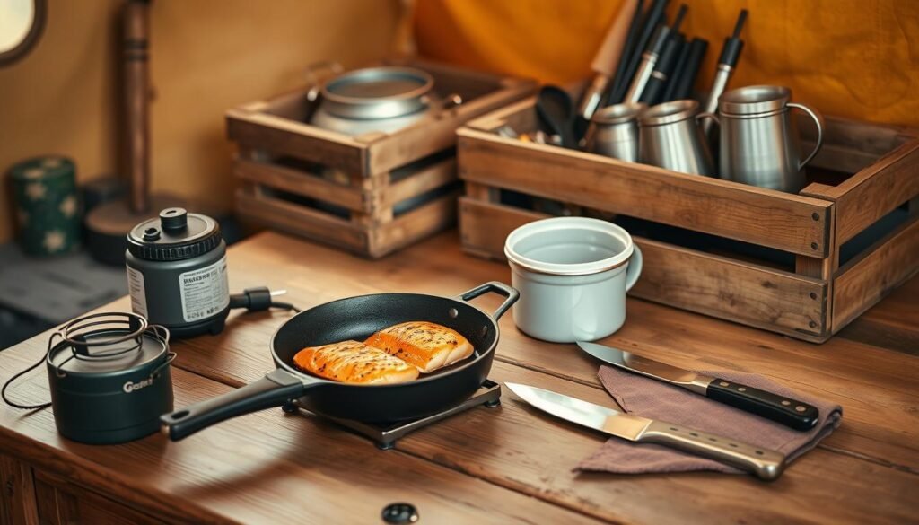 A cozy campsite kitchen, bathed in warm, natural light from a softbox above. On the wooden table, a cast-iron skillet sizzles with freshly grilled salmon, the aroma wafting through the air. Nearby, a sturdy camping stove, a compact chef's knife, and a neatly folded dish towel create an organized, utilitarian scene. In the background, a weathered wooden crate holds an assortment of essential supplies: a collapsible water container, sturdy metal mugs, and a selection of herbs and spices. The overall mood is one of rustic simplicity and preparedness, capturing the essence of a well-equipped camping kitchen for two.