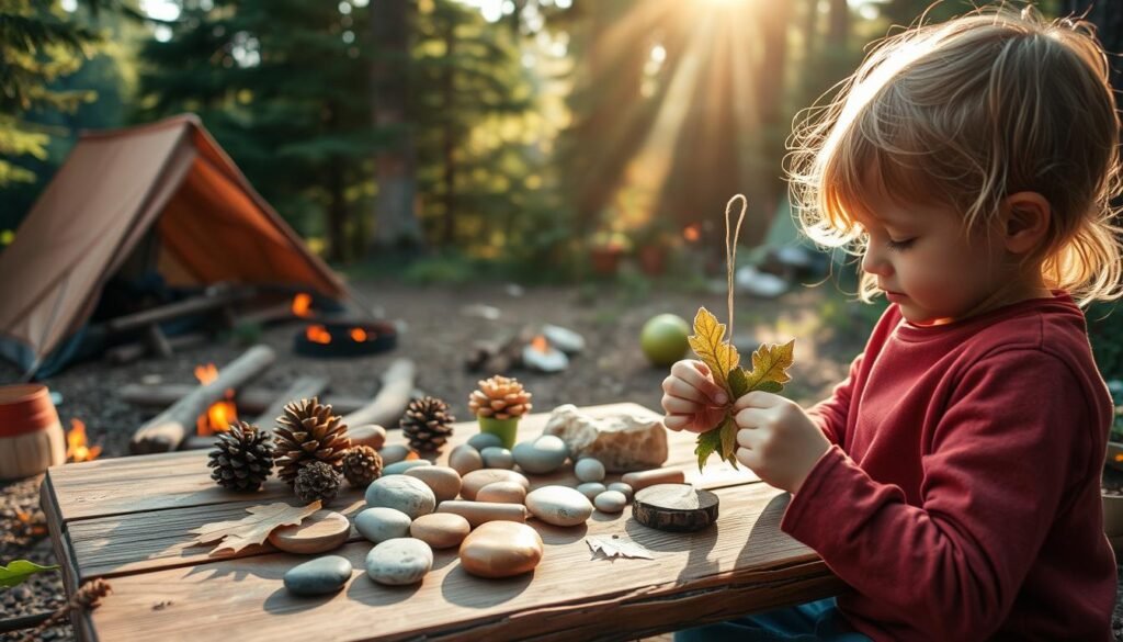 A cozy campsite nestled among lush evergreens, with a small campfire crackling nearby. On a handmade wooden table, an array of natural materials - pinecones, smooth river stones, and dried leaves - are arranged artfully, ready to be transformed into whimsical DIY crafts. The sunlight filters through the canopy, casting a warm glow over the scene. In the foreground, a child's hands carefully shape a nature-inspired decoration, their face filled with concentration and delight. The overall atmosphere is one of peaceful exploration and creative expression, inviting the viewer to immerse themselves in the simple joys of outdoor crafting.