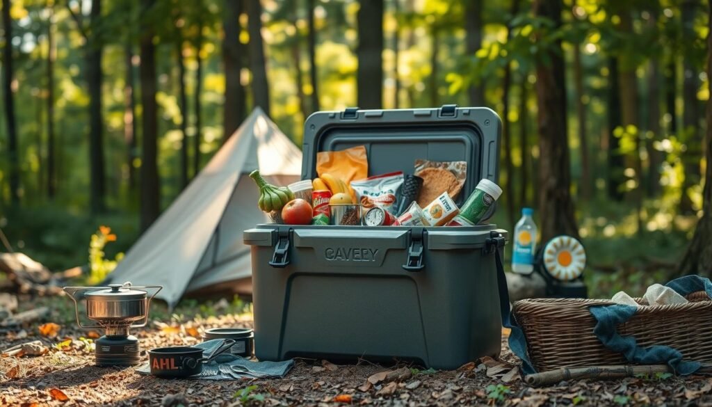 A cozy campsite nestled in a lush forest, a sturdy camping cooler taking center stage. Sunlight filters through the canopy, casting a warm glow on the scene. The cooler, meticulously packed, features a variety of fresh produce, chilled beverages, and delectable camping snacks. Its rugged exterior suggests durability, ready to withstand the elements. Surrounding the cooler, neatly organized camping gear, including a portable stove, utensils, and a picnic basket, create a harmonious composition. The overall atmosphere evokes a sense of tranquility and adventure, capturing the essence of an efficient and enjoyable camping experience. A cozy campsite nestled in a lush forest, a sturdy camping cooler taking center stage. Sunlight filters through the canopy, casting a warm glow on the scene. The cooler, meticulously packed, features a variety of fresh produce, chilled beverages, and delectable camping snacks. Its rugged exterior suggests durability, ready to withstand the elements. Surrounding the cooler, neatly organized camping gear, including a portable stove, utensils, and a picnic basket, create a harmonious composition. The overall atmosphere evokes a sense of tranquility and adventure, capturing the essence of an efficient and enjoyable camping experience.