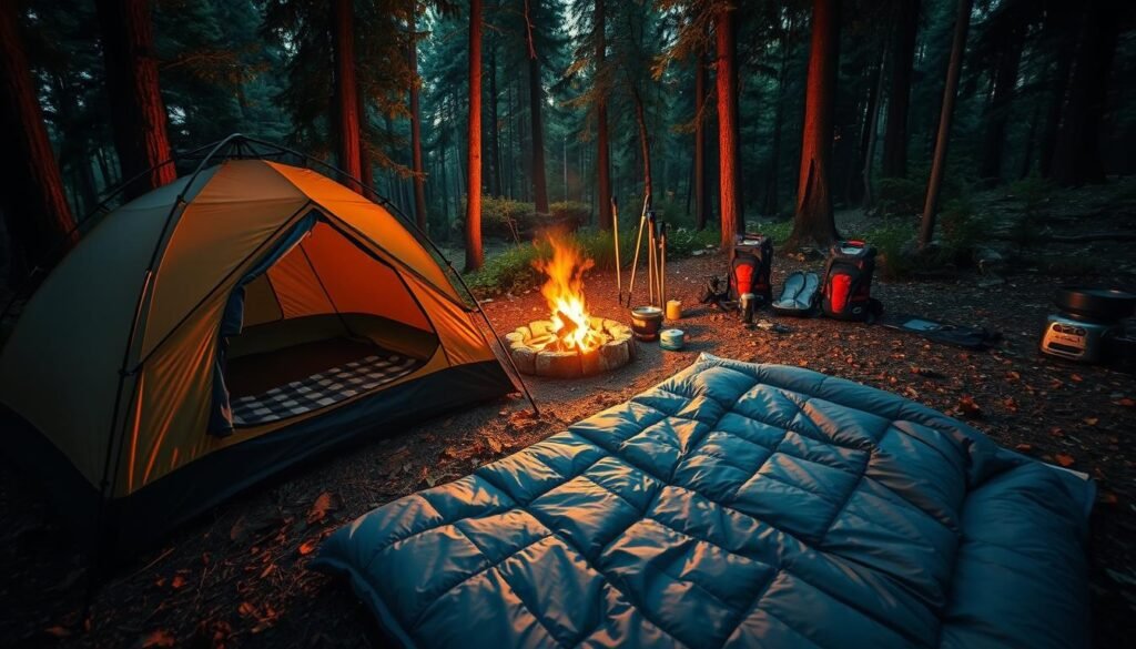 A cozy campsite nestled in a lush forest, illuminated by the warm glow of a campfire. In the foreground, a high-quality two-person tent with a vestibule, constructed from durable, weatherproof materials. Beside it, a plush sleeping bag unfurled on a comfortable sleeping pad, inviting a restful night's sleep under the canopy of stars. In the middle ground, a compact camp stove and a set of sturdy cookware, ready to prepare hearty meals. In the background, a backpack, hiking poles, and other essential camping gear, all arranged in an organized, visually appealing manner. The scene exudes a sense of cozy adventure, conveying the perfect balance of comfort and functionality for the ultimate outdoor getaway.