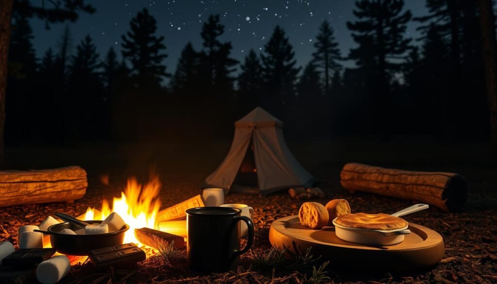 A cozy campsite nestled in a lush forest, the night sky overhead. In the foreground, a crackling campfire casts a warm glow, surrounded by cast iron skillets and enamel mugs. Marshmallows and chocolate bars await toasting, while freshly baked cobbler or s'mores sit on a wooden platter, their golden crusts glistening. In the middle ground, silhouettes of pine trees sway gently, their shadows dancing across the scene. The background is filled with the rich, earthy tones of the forest, with hints of starlight peeking through the canopy. The overall mood is one of rustic charm and the simple pleasures of outdoor living. A cozy campsite nestled in a lush forest, the night sky overhead. In the foreground, a crackling campfire casts a warm glow, surrounded by cast iron skillets and enamel mugs. Marshmallows and chocolate bars await toasting, while freshly baked cobbler or s'mores sit on a wooden platter, their golden crusts glistening. In the middle ground, silhouettes of pine trees sway gently, their shadows dancing across the scene. The background is filled with the rich, earthy tones of the forest, with hints of starlight peeking through the canopy. The overall mood is one of rustic charm and the simple pleasures of outdoor living.