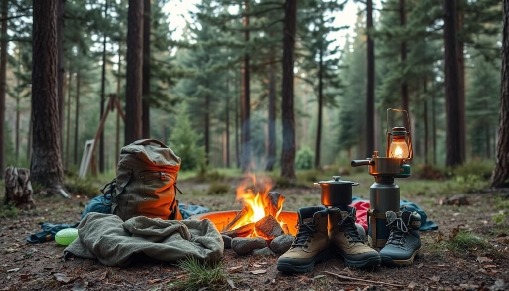 A cozy campsite nestled in a lush forest, with a central fire pit surrounded by a neatly arranged collection of camping essentials. In the foreground, a sturdy backpack, sleeping bag, and a pair of well-worn hiking boots stand ready. In the middle ground, a compact camp stove, a set of durable cookware, and a lantern cast a warm glow. The background is filled with towering pine trees, their branches swaying gently in the breeze, creating a serene and inviting atmosphere. The lighting is soft and natural, capturing the tranquility of the outdoor setting. This image conveys the careful preparation and organization required for a successful and enjoyable camping trip.