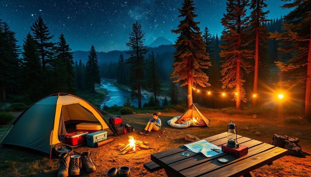A cozy campsite nestled in a lush forest, with a family gathered around a crackling fire under a starry night sky. In the foreground, a well-equipped camping setup with a sturdy tent, a cooler, and hiking gear. The middle ground features a picnic table with a map, a compass, and a lantern, hinting at the preparations for the coming adventure. The background depicts towering pine trees and a winding river, creating a serene and inviting atmosphere. The lighting is a warm, golden glow, casting a pleasant and comforting mood. The overall composition captures the essence of a memorable family camping trip, ready to be documented in the article. A cozy campsite nestled in a lush forest, with a family gathered around a crackling fire under a starry night sky. In the foreground, a well-equipped camping setup with a sturdy tent, a cooler, and hiking gear. The middle ground features a picnic table with a map, a compass, and a lantern, hinting at the preparations for the coming adventure. The background depicts towering pine trees and a winding river, creating a serene and inviting atmosphere. The lighting is a warm, golden glow, casting a pleasant and comforting mood. The overall composition captures the essence of a memorable family camping trip, ready to be documented in the article.