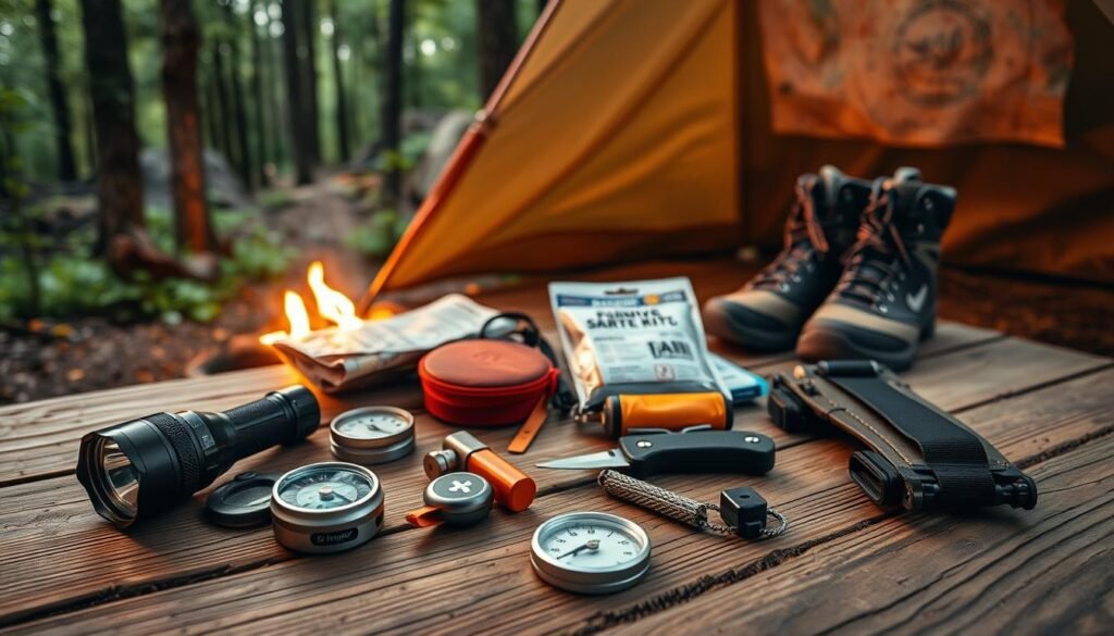 A cozy campsite nestled in a lush forest, with an array of essential safety equipment laid out on a sturdy wooden table. In the foreground, a high-powered flashlight, a compass, and a whistle gleam in the warm, muted lighting. In the middle ground, a first-aid kit, a survival knife, and a fire starter kit are carefully arranged, ready for any unexpected situation. In the background, a map and a pair of rugged hiking boots suggest the adventurous spirit of the scene. The overall tone is one of preparedness and adventure, with a touch of rustic charm.