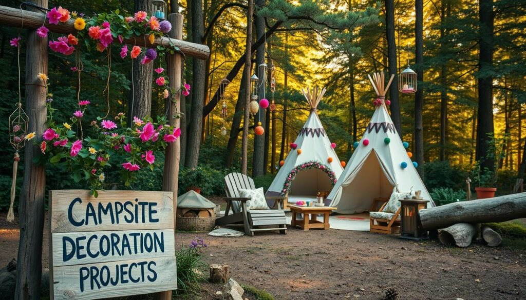 A cozy campsite nestled in a lush forest, with whimsical DIY decorations adorning the area. In the foreground, a rustic wooden sign with hand-painted letters invites visitors to explore the "Campsite Decoration Projects." Nearby, a trellis covered in vibrant wildflowers frames a serene sitting area, where handcrafted lanterns and wind chimes sway gently in the breeze. In the middle ground, a teepee-style tent stands tall, its exterior decorated with colorful pom-poms and painted designs. Fallen logs and natural elements like pinecones and moss create a charming, earthy atmosphere. The background features a dense forest canopy, filtering warm, golden sunlight onto the scene, evoking a sense of peaceful, outdoor adventure.
