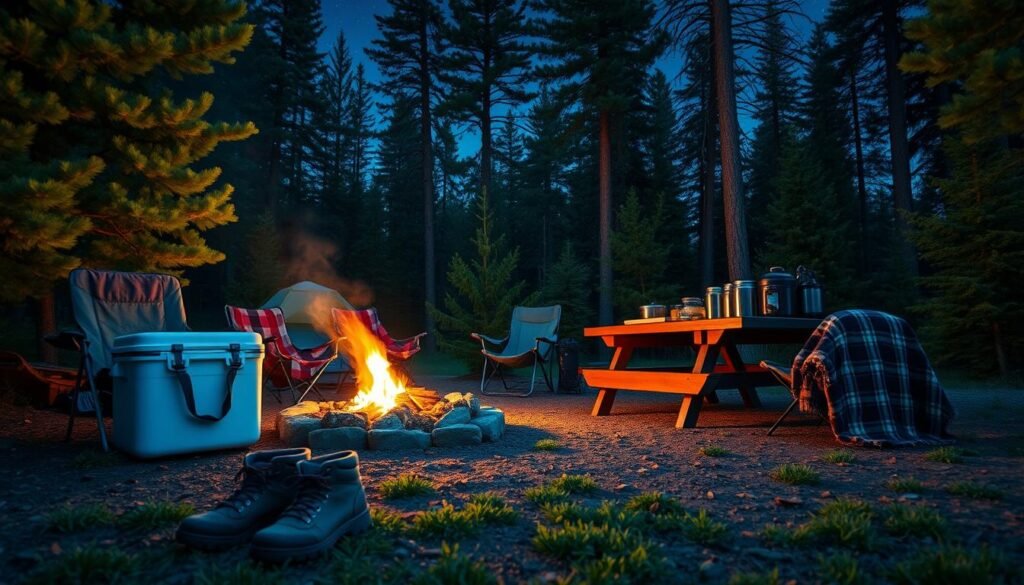 A cozy campsite nestled in a lush, verdant forest, with a warm fire pit casting a soft glow, surrounded by plush camping chairs, a well-stocked cooler, and a picnic table laden with outdoor cooking essentials. In the foreground, a pair of hiking boots and a flannel blanket suggest the comforts of home, while the background features towering pine trees and a starry night sky, creating a serene and inviting atmosphere for a night under the stars. A cozy campsite nestled in a lush, verdant forest, with a warm fire pit casting a soft glow, surrounded by plush camping chairs, a well-stocked cooler, and a picnic table laden with outdoor cooking essentials. In the foreground, a pair of hiking boots and a flannel blanket suggest the comforts of home, while the background features towering pine trees and a starry night sky, creating a serene and inviting atmosphere for a night under the stars.